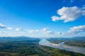 Beautiful view from Mountain green valley stream landscape to Mekhong river and clouds on the blue sky, Nongkai, Thailand