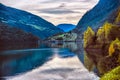 Beautiful view of a mountain lake in the autumn sunny day. Poschiavo, Royalty Free Stock Photo