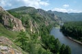 Beautiful view of mountain river in summer, active tourism, hiking, ancestor trail, Khakassia ,Russia