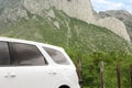 Beautiful view of mountains and car outdoors. Road trip Royalty Free Stock Photo