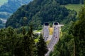 Beautiful view of mountains and entrance to autobahn tunnel near village of Werfen, Austria. Royalty Free Stock Photo