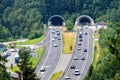 Beautiful view of mountains and entrance to autobahn tunnel near village of Werfen, Austria. Royalty Free Stock Photo