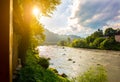 Beautiful view on mountains. Fast river and clear sky. Amazing landscape. Travelling concept. Wanderlust trends Royalty Free Stock Photo