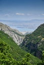 Beautiful view of the mountains with forests and the river in the Sulak canyon in the background on a sunny summer day Royalty Free Stock Photo