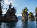 Beautiful view mountains and lake from boat in Ratchaprapa dam, Khoa Sok National Park, Surat Thani Royalty Free Stock Photo