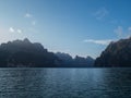 Beautiful view mountains and lake from boat in Ratchaprapa dam, Khoa Sok National Park, Surat Thani Royalty Free Stock Photo