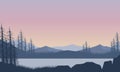 The beautiful view of the mountains from the riverbank at sunrise with the silhouette of the pine trees around. Vector