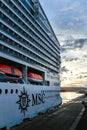 Beautiful view of MSC WORLD EUROPA cruise ship traveling over sea, vertical photo Royalty Free Stock Photo