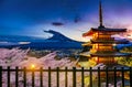 Beautiful view of Mt. Fuji and Chureito pagoda with cherry blossoms at sunset, japan Royalty Free Stock Photo