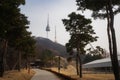 Beautiful view of Namsan Tower from Namsan trails during winter evening at Yongsan-gu , Seoul South Korea : 6 February 2023 Royalty Free Stock Photo