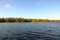 Beautiful view of natural landscape. Calm water surface , green forest trees and blue summer sky. Gorgeous nature backgrounds. Royalty Free Stock Photo