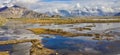 Beautiful view of natural plateau with swamp, stream and water reflection of the bright day sky background. Scenic Trip to Tibet Royalty Free Stock Photo