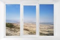 Beautiful view of nature outside the window. Plastic modern window. Window with desert view Royalty Free Stock Photo