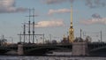 view of the Neva, the Peter and Paul Fortress and the Birzhevoy Bridge. Saint-Petersburg