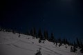 Beautiful view of night sky with stars and winter mountain slope with snow covered pine trees Royalty Free Stock Photo