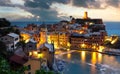 Beautiful view in the night at touristic village on the hill with colorful mediterranean buildings. Fantastic travel and Royalty Free Stock Photo