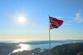 Beautiful view with Norwegian flag seen from the Mount Ulriken in Bergen Royalty Free Stock Photo