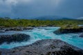 Beautiful view o turquoise water flowing in Petrohue River, Llanquihue Province, Los Lagos Region, Chile