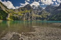 Beautiful view of Oeschinensee, Oeschinen Lake by Kandersteg, Switzerland. Turquoise lake with steep mountains and rocks in ba