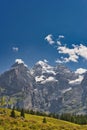 Beautiful view of Oeschinensee, Oeschinen Lake by Kandersteg, Switzerland. Turquoise lake with steep mountains and rocks in ba