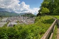 Panoramic view of the old town and the Salzsach river in Salzburg
