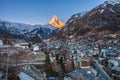 Beautiful view of old village in sunrise time with Matterhorn peak background in Zermatt, Switzerland Royalty Free Stock Photo