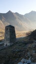 Beautiful view of the old watchtower in the settlement of Upper Balkaria in Kabardino-Balkaria in the Caucasus in Russia. Stunning