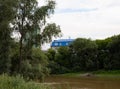 Beautiful view of the Om River from the embankment in the historical center of Omsk in summer