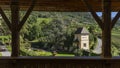 Beautiful view of one of the towers of Castel Coira, in German Churburg, of the gardens and surrounding landscape, Italy