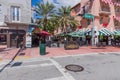 Beautiful view of outdoor cafe on one of Miami South Beach . Beautiful buildings and green trees on background.