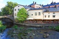 Beautiful view of outdoor restaurant near river on nice summer day. Sweden, Uppsala