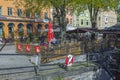 Beautiful view of outdoor restaurant on Uppsala downtown city embankment. Sweden. Europe.