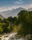 Beautiful view over the Chiavenna valley in the province of Sondrio, Italy - Sunset over the alps