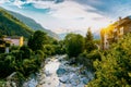 Beautiful view over the Chiavenna valley in the province of Sondrio, Italy - Sunset over the alps