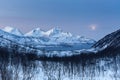 Beautiful view over fjord and mountains Tromso, Norway. Polar night. long shutter speed Royalty Free Stock Photo