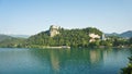 Beautiful view over Lake Bled, Julian Alps and Bled castle, sunny day, Bled, Slovenia Royalty Free Stock Photo