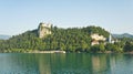 Beautiful view over Lake Bled, Julian Alps mountains and Bled castle, sunny day, Bled, Slovenia Royalty Free Stock Photo