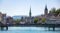 Beautiful view over River Limmat in the city center of Zurich Switzerland - ZURICH, SWITZERLAND - JULY 17, 2022 Royalty Free Stock Photo