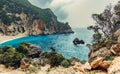 Beautiful view over the sea beach in Kerkyra island. Wonderful morning seascape of Ionian Sea, Corfu island. Aerial summer view of Royalty Free Stock Photo