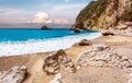 Beautiful view over the sea beach in Kerkyra island. Wonderful morning seascape of Ionian Sea, Corfu island. Bright summer view of Royalty Free Stock Photo