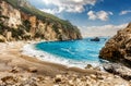 Beautiful view over the sea beach in Kerkyra island. Wonderful morning seascape of Ionian Sea, Corfu island. Bright summer view of Royalty Free Stock Photo