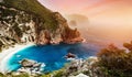 Beautiful view over the sea beach in Kerkyra island. Wonderful morning seascape of Ionian Sea, Corfu island. Colorful Royalty Free Stock Photo