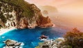 Beautiful view over the sea beach in Kerkyra island. Wonderful sunset seascape of Ionian Sea, Corfu island. Dramatic summer scene Royalty Free Stock Photo