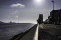 Beautiful view over the Tagus riverside in the heart of Lisbon in Portugal. Landscape of urban Lisbon during a hot summer day at