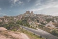 Beautiful view over the town of Uchisar, at the Pigeon Valley, Cappadocia, Turkey, on a sunny day Royalty Free Stock Photo