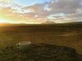 Beautiful view overlooking rusty red desert, distant mountains in Fuerteventura island, Canaries, Spain