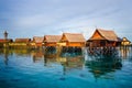 Beautiful view of overwater bungalows in Kapalai Resort in Malaysia - perfect for wallpaper