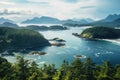 Beautiful view of the Pacific Ocean in Vancouver, British Columbia, Canada, Landscape of Tofino covered in greenery surrounded by