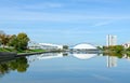 Beautiful view of Palace of Sports and skating rink on Svisloch river embankment, Minsk, Belarus