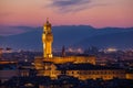 Beautiful view of Palazzo Vecchio in evening illumination and river Arno, Florence Royalty Free Stock Photo
